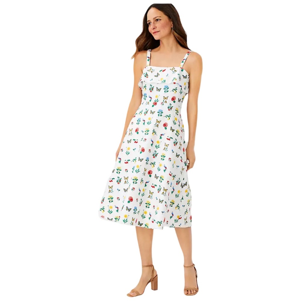 Ann Taylor Botanical Midi Flare Dress Parrots Butterflies Sun Dress Cottagecore
